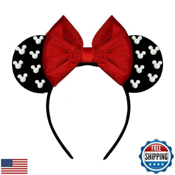 Velvet Mouse Ears Hair Bow Headband with Pearls New - Picture 1 of 5
